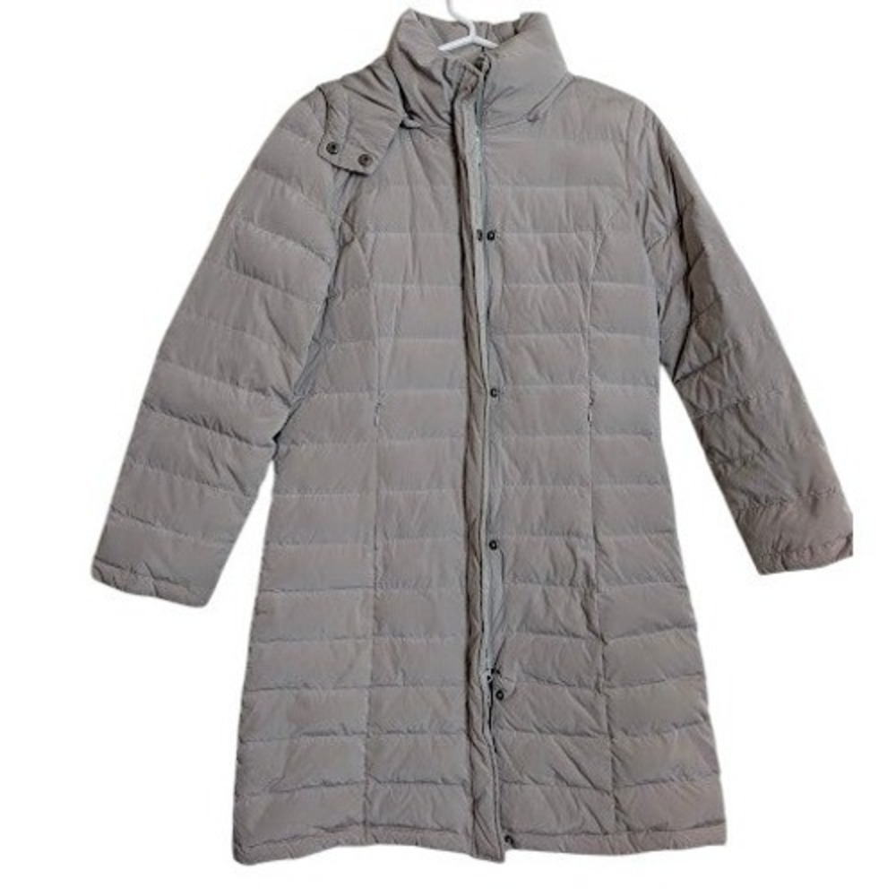 Garnet Hill Womens 6P Gray Goose Down Long Puffer Coat Removable Hood Minimal